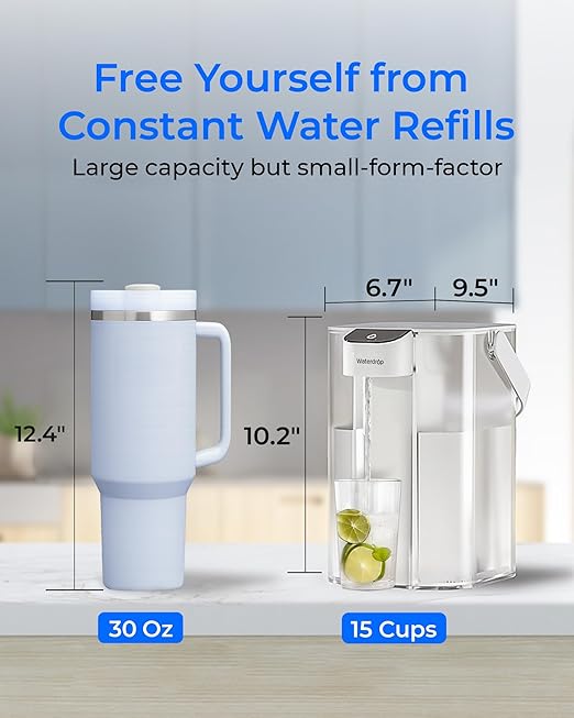 Waterdrop ED01AW Electric Water Filter Pitcher, Alkaline Rechargeable Water Dispenser, with 1 Filter, Instant 200-Gallon 15-Cup Countertop Purifier, Reduce PFOA/PFOS, Chlorine, Lead, White