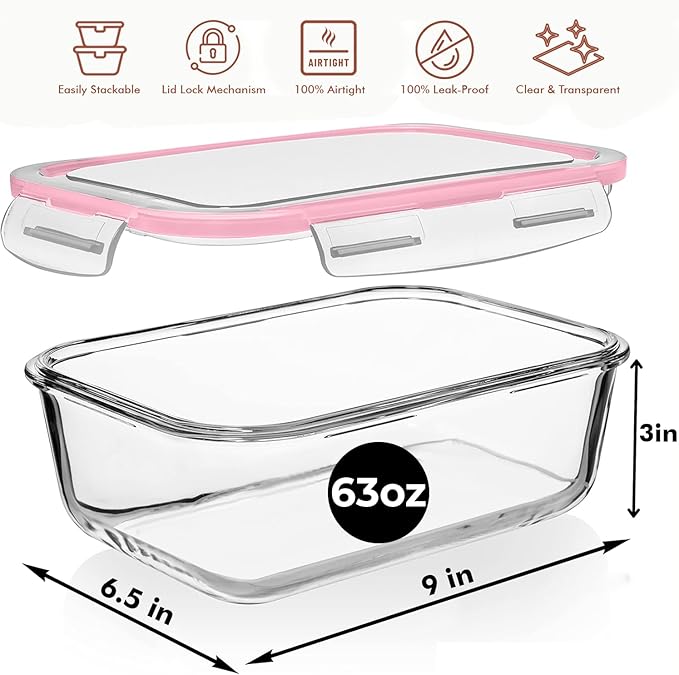 Razab 4 PC 1860ml / 63 Oz / 8 Cups Large Glass Food Storage Containers with Lids - Glass Meal Prep Containers for Roasting & Storing Leftover, Lunch Container with Lids, Microwave & Oven Safe