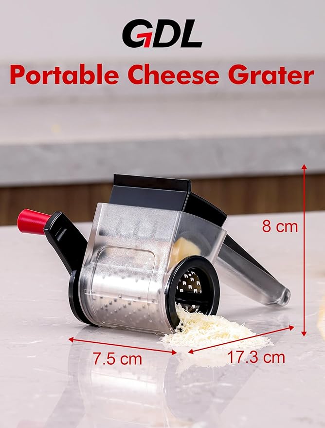 GDL Cheese Grater with Handle, Compact Parmesan Cheese Grater for Kitchen, Dishwasher Safe Parmesan Grater with Stainless Steel Blade for Cheese, Nuts, Chocolate and More, Black