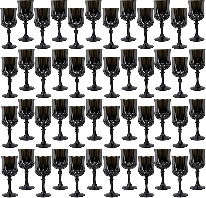 Plastic Wine Glasses, Plastic Goblets Vintage Style Cordial Unbreakable Drinking Glasses, Reusable Drinkware for Wedding Reception, Grand Event Party Supplies (48, Black)