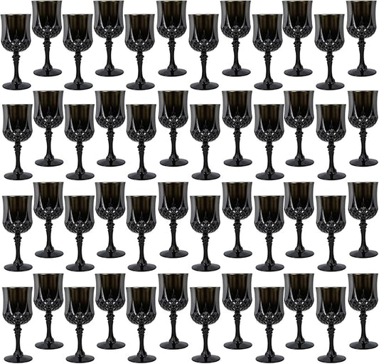 Plastic Wine Glasses, Plastic Goblets Vintage Style Cordial Unbreakable Drinking Glasses, Reusable Drinkware for Wedding Reception, Grand Event Party Supplies (48, Black)