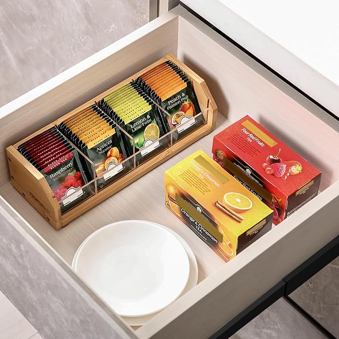 TIOPGHAD Small Bamboo Tea Bag Organizer Storage Holder for Tea Bags Wood Tea Box Containers Tea Rack Teabag Station Stand for Cabinet Countertop Office