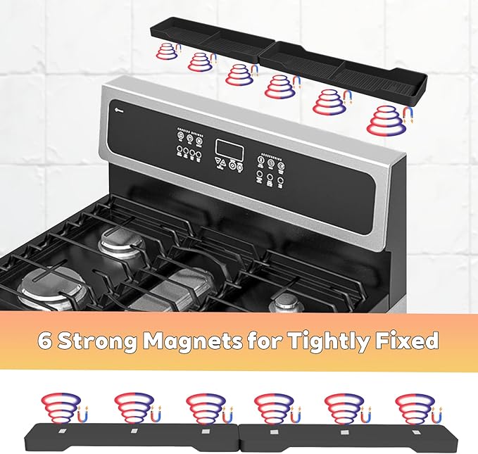 30 Inch Magnetic Silicone Stove Top Shelf, Heat Resistant Spice Rack for Kitchen, Space Saving Organizer with 6 Sticky Pads, Fits Back of Stove（Black 30''x3.8''）