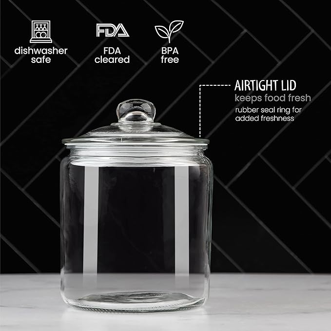 1 Gallon Glass Cookie Jar with Lid – Glass Jar with Lid - Airtight Food Storage Container for Cookies, Candy, Flour, Dog Treats – Clear Large Kitchen Jar for Pantry - Glass Containers with Lids