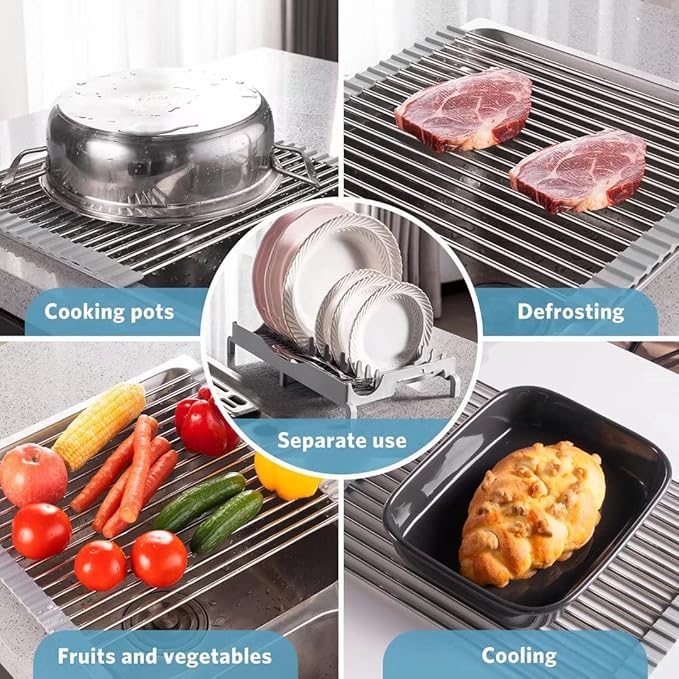 Upgraded Roll Up Dish Drying Rack(21.5” x 13.1”) Over Sink Dish Drainer Foldable Stainless Steel Trivet for Kitchen Countertop