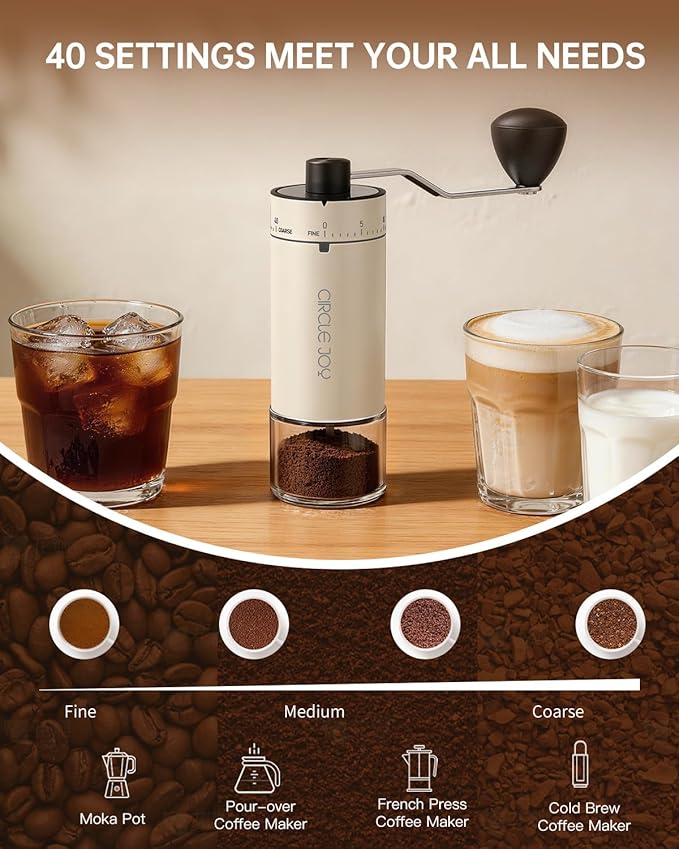CIRCLE JOY Mini Manual Coffee Grinder with 40 External Adjustable Settings and Ceramic Conical Burr, Portable Stainless Steel Hand Coffee Grinder for Home and Travel