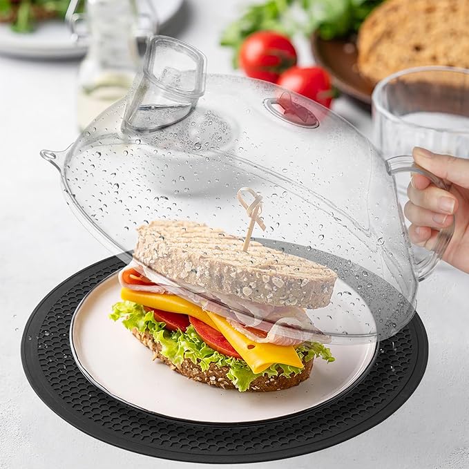 Microwave Splatter Cover for Food, Clear Microwave Lid with Water Steamer, Integrated Handle, Splatter Guard, 10” Plate Covers & 12" Mat, BPA-Free, Essential Kitchen Gadgets and Accessories