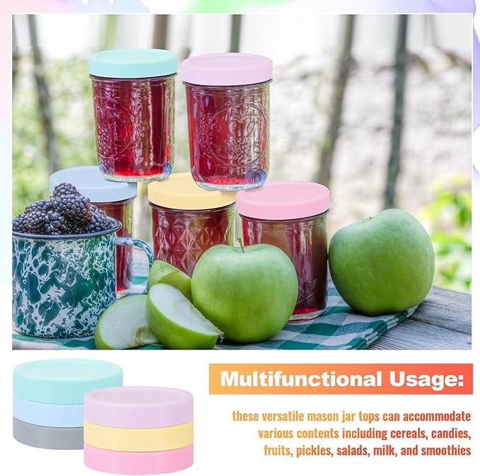 Teenyyou 6 Pcs Silicone Wide Mouth Lids Mason Jar Lids Thickened Leak Proof Lid for 86 mm All Wide Mouth Mason Jars, Reusable Large Canning Jar Caps(Macaron)