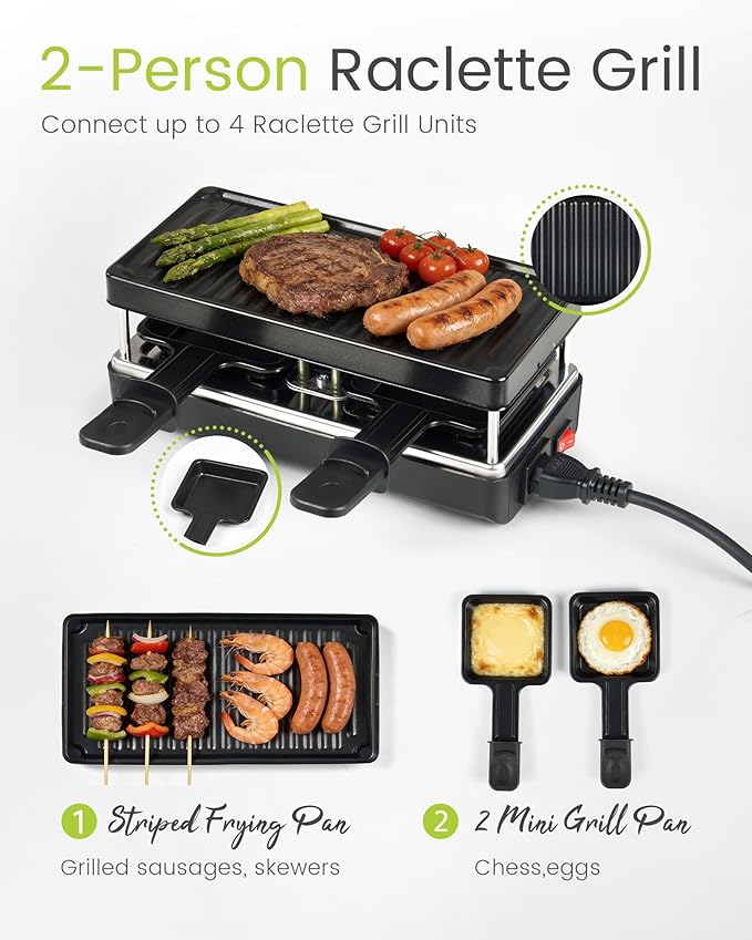 2-Person Raclette Table Grill - Indoor Non-stick Electric Grill Griddle - Series Connection Contact Grill up to 4 Grills, 2 Paddles Included, 2 Packs, BC-02