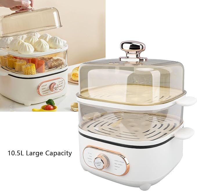 1200W 10.5L 2 Tier Electric Steam Pot Cooker with Steaming Plate, Efficiently Cooks and Steams Seafood, Vegetables, and Meat, Ideal for Noodles, Porridge, Slow Cooking (US Plug