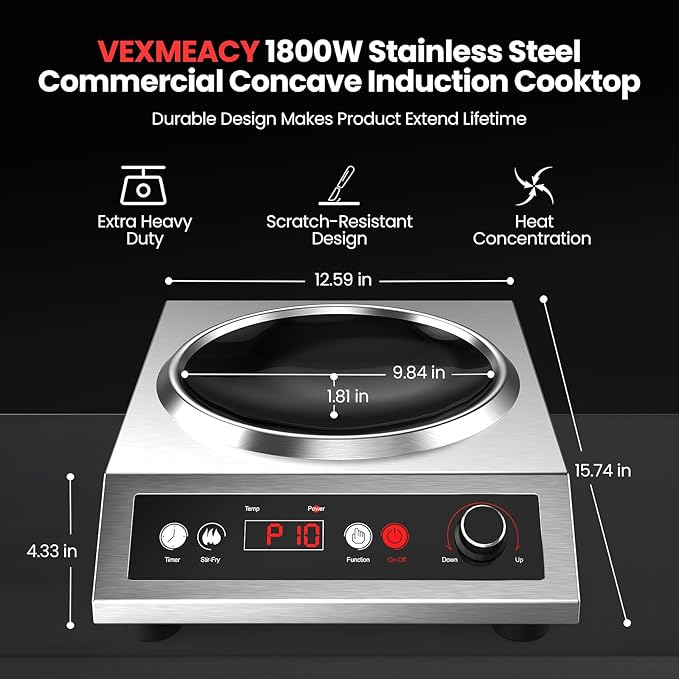 1800W Electric Wok Used For Home And Commercial,Induction Wok With Concave Surface Stainless Steel Strong Power Dual Control Mode 10 Power And Temp 24H Timer Induction Cooktop For Cooking