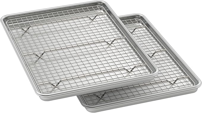 Wildone Baking Sheet with Rack Set (2 Pans + 2 Racks), Natural Aluminum Commercial Quality Cookie Sheet with Cooling Rack, Nonstick Baking Pan, Warp Resistant & Heavy Duty, Half Sheet Size