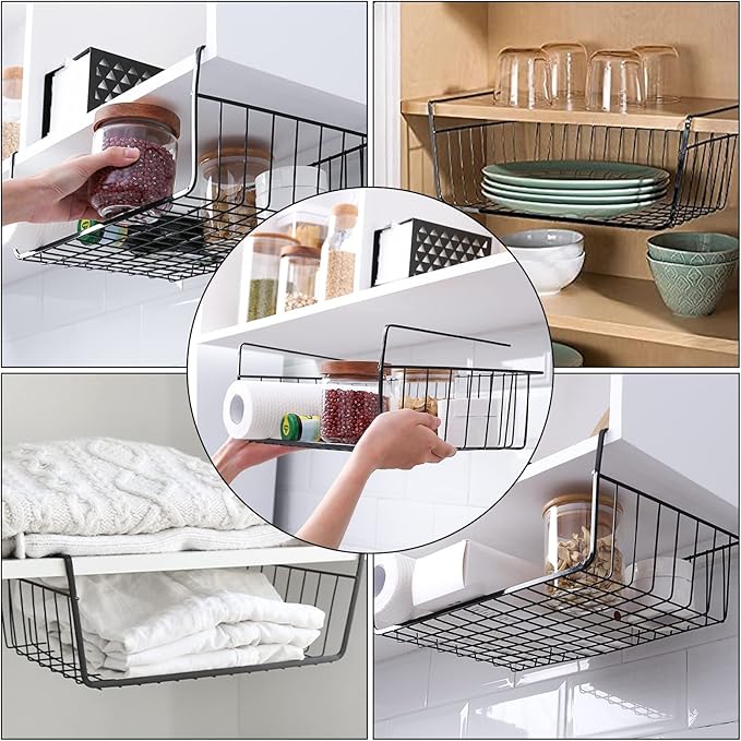 Tebery 4 Pack Black Under Shelf Wire Basket, Hanging Storage Baskets Under Cabinet Add-on Storage Racks, Slide-in Baskets Organizer for Kitchen Pantry Desk Bookshelf