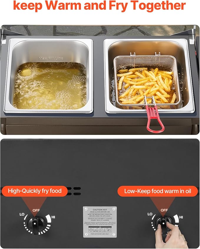 VEVOR Outdoor Propane Deep Fryer, Double Burners Commercial Fryer, 16 Qt Stainless Steel Cooker with Removable Baskets & Lids & Tanks, Oil Fryer Cart with Thermometer & Regulator, For Outdoor Cooking