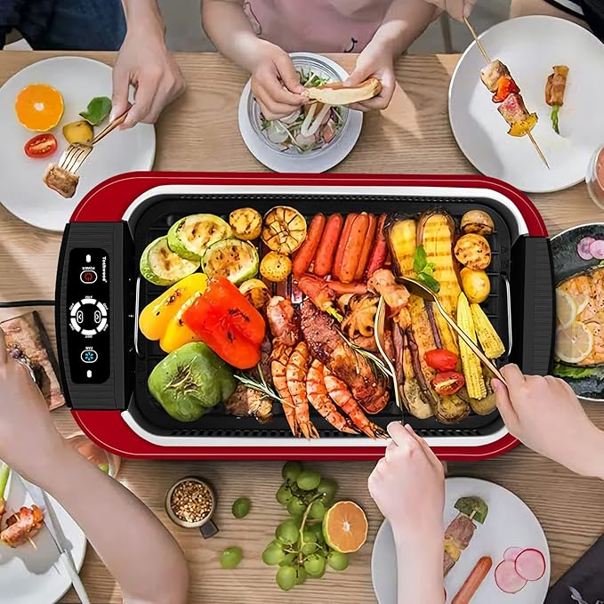 Indoor Smokeless Grill, Techwood 1500W Electric Indoor Grill with Tempered Glass Lid, Portable Non-stick Korean BBQ, Turbo Smoke Extractor Technology, Drip Tray& Double Removable Plate, Red