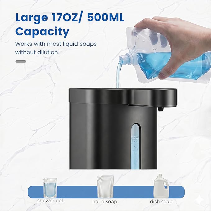 Touchless Automatic Soap Dispenser, 17 oz / 500ml Type-C Rechargeable Countertop Liquid Hand Soap Dispenser for Kitchen and Bathroom, Stainless Steel, Black