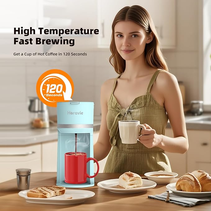 Horavie Mini Single Serve Coffee Maker for K-Cup Pod and Ground Coffee, Fast Brew One Cup Coffee Machine with Descaling Reminder and Water Window, 6 to 12 oz. Brew Sizes, Light Blue