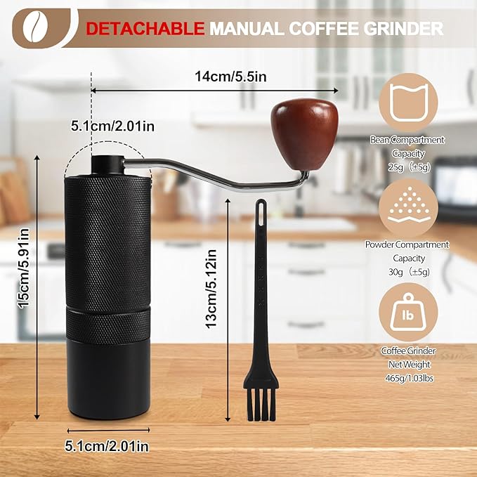 Detachable Manual Coffee Grinder with 25 Level Stainless Steel Conical Burr Portable Aluminum Coffee Bean Grinder Suitable for Moka Pot Espresso French Press Pour Over Maker Easy Cleaning with Brush