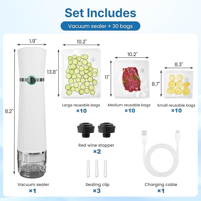 Vacuum Sealer for Food with 30 Reusable Vacuum Bags, Automatic Pressure Detection, Handheld Vacuum Sealer, Portable & Compact, White