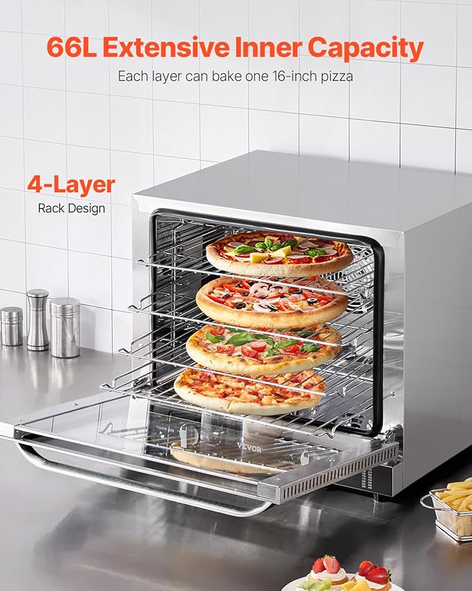 VEVOR Commercial Countertop Oven, 66L 4-Tier Toaster Ovens with Tempered Glass Door, Wire Racks Clip Tray Gloves, 2800W Electric Stainless Steel Baking Ovens for Restaurant Bakery (AC208~240V,60Hz)