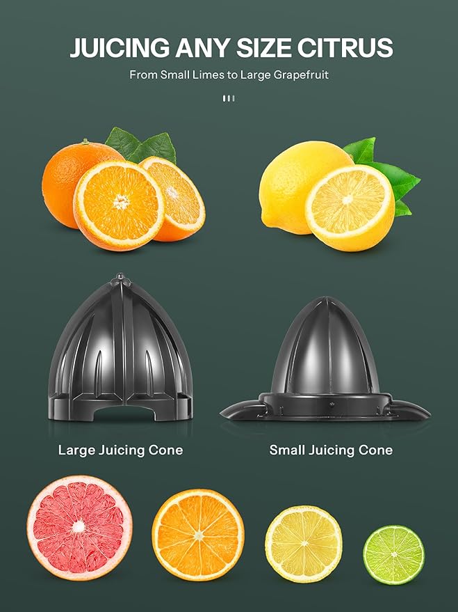 Professional Brushed Stainless Steel Electric Citrus Juicer, 2 Interchangeable Cones for Orange, Lemon & Grapefruit, Easy Clean, Durable Design & Effortless Operation
