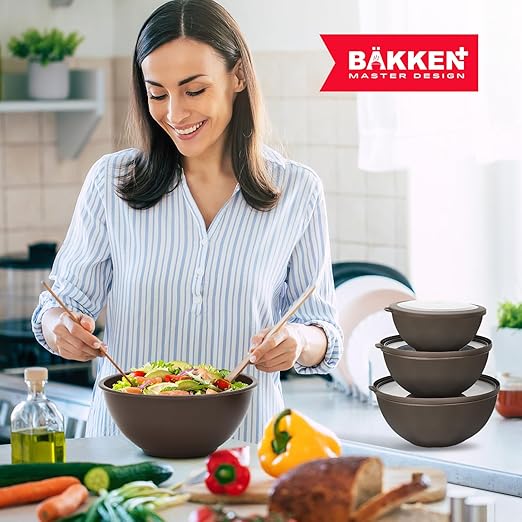 Bakken Master 12 Piece Plastic Nesting Bowls with Lids - Mixing Bowls Set includes 6 Prep Bowls and 6 Lids, BPA-Free, Reusable Meal Prep Containers, Microwave, Freezer & Dishwasher Safe, Brown