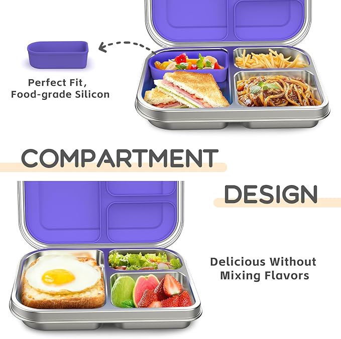 BOSEDSANG Stainless Steel Kids Leak-Resistant Bento Lunch Box, 3-Compartments with Silicone Container, Dishwasher-Safe, Child-Friendly Design for School, Picnics & Travel,BPA-Free(Purple)