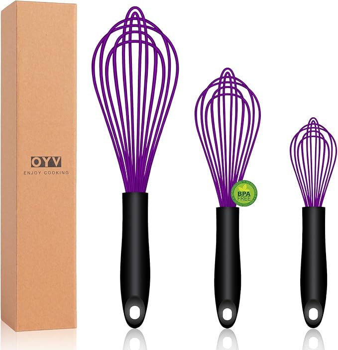 Dishwasher Safe Purple Silicone Whisk, Sealed Waterproof Design Set of 3, Professional Kitchen Whisks for Cooking Non-Scratch, Silicone & Stainless Steel Whisk, Heat Resistant Balloon Egg Beater