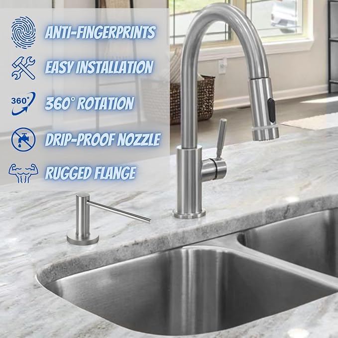 Long Spout Kitchen Sink Soap Dispenser for Granite & Quartz Countertop - Brushed Nickel Stainless Steel Finished - Wide Flange Provides Great Coverage on American Standard Sink Holes