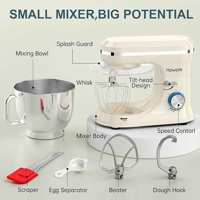 HOWORK Electric Stand Mixer,10+p Speeds With 6.5QT Stainless Steel Bowl,Dough Hook, Wire Whip & Beater,for Most Home Cooks (White)