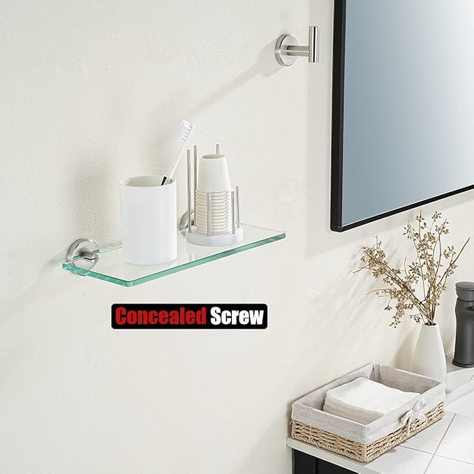 JQK Bathroom Glass Shelf, Tempered Glass Shower Storage 12 by 5 inches, 304 Stainless Steel Brushed Finish Wall Mount, TGS101L12-BN