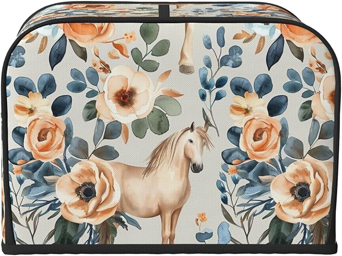 Beige Flower Horses Covers for 4 Slice Toasters,Cute Country Bread Machine Cover with Handle,Washable Stain Resistant Kitchen Small Appliance Cover Dining Decor
