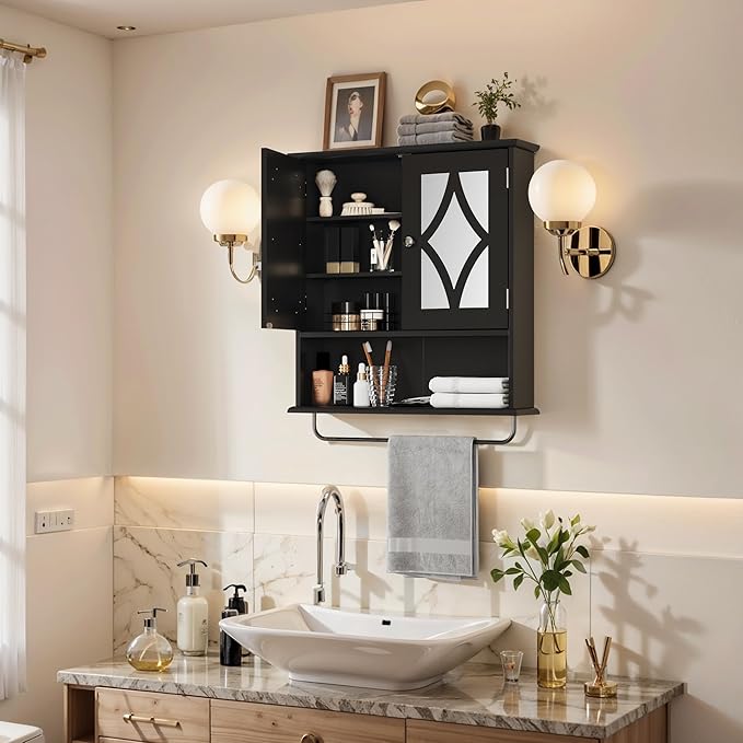 RoyalCraft 22x25 Bathroom Medicine Cabinet with Mirror, Large Wood Wall Mounted Storage Cabinet with Shelves and Towel Bar, Over The Toilet Storage Cabinet for Bathroom, Laundry, Living Room, Black
