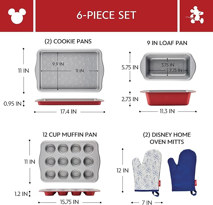 Farberware Disney Bake with Mickey Mouse Nonstick Bakeware Set/Baking Pans with Disney Home Oven Mitts, Cookie Pans, Muffin/Cupcake and Loaf Pan, 6 Piece Non Stick Bakeware Set - Red