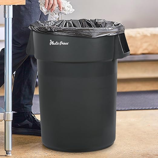 PLASTIC PRINCE 32 Gallon Round Trash Can Container with Lid Gray Plastic Commercial Garbage Bin for Home Garage Restaurants Warehouses