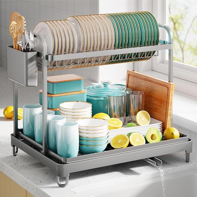 Sakugi 2-Tier Dish Drying Rack - Stainless Steel Dish Rack with Cutlery & Utensil Holders for Kitchen Counter, Sink Organization and Storage for Small Family, 16.7" W x 12.7" L x 15.8" H, Gray