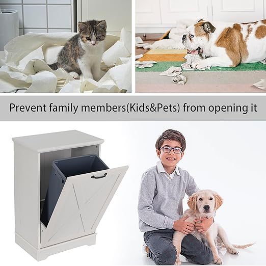 13 Gallons Tilt Out Trash Can Cabinet, Wooden Trash Can Cabinet Tilt Out Pet Proof Hidden Garbage Cabinet for Kitchen, Antique White