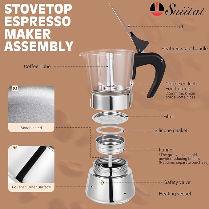 Induction Moka Pot, 4 Cups (7.1 oz) Crystal Glass-Top & Stainless Steel Moka Pot, Classic Stovetop Espresso Maker, Silver