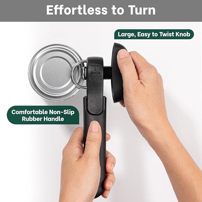 Beneno Can Opener, Safe Side Cut Can Opener Manual Smooth Edge with Smooth Cutting Wheel, Open Cans with no Sharp Edges, Effortless Easy to Turn Knob, Soft Non-Slip Handle, Black