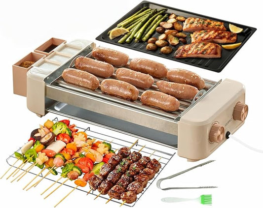 Electric Hot Dog Roller 6 Rollers,3 in 1 Indoor Grills Portable with Non-stick & Smokeless Removable Grill & BBQ Griddle Plate,Stainless Sausage Grill Cooker Machine, for Family party Use