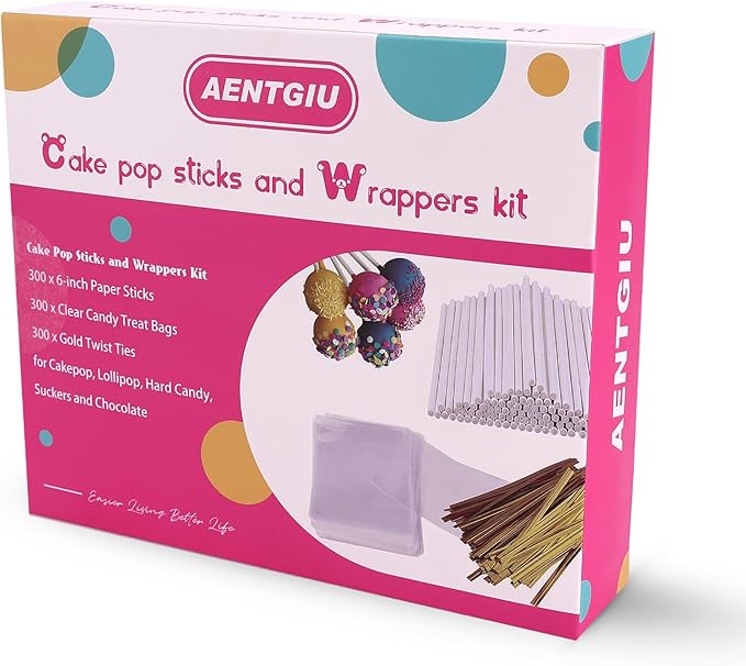 900-PCS Cake Pop Sticks and Wrappers Kit, Including 300pcs 6-inch Paper Lollipop Sticks, 300pcs Parcel Bags, 300pcs Gold Twist Ties for Lollipop, Hard Candy, Chocolate, Marshmallows, and Fruit Skewers