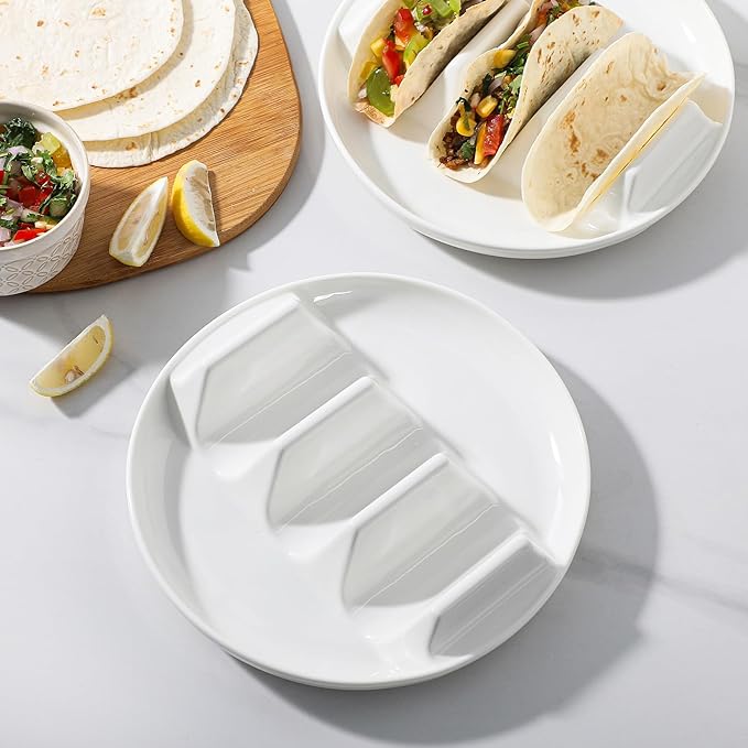 Dizada Taco Holders Set of 3-9" Porcelain Taco Plates with Dividers, Ceramic Taco Stand for Hard Soft Shells, Reusable Taco Serving Tray, Dishwasher Microwave Safe