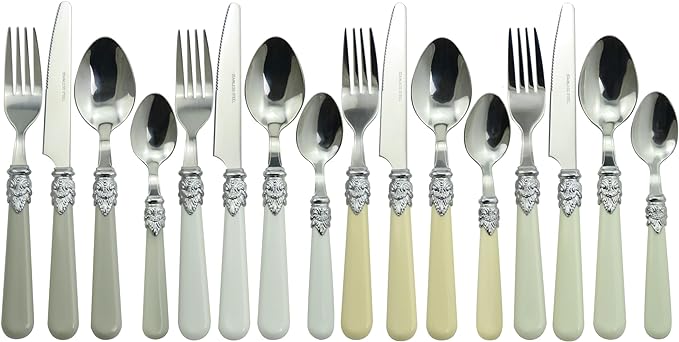 The Original Brink House Baroque Bone Mix & Match Stainless Steel Cutlery Set with Assorted Handles / 16 pieces with Metal Stand/Lifestyle utensils set for home, first apartment, dorm, fine dining