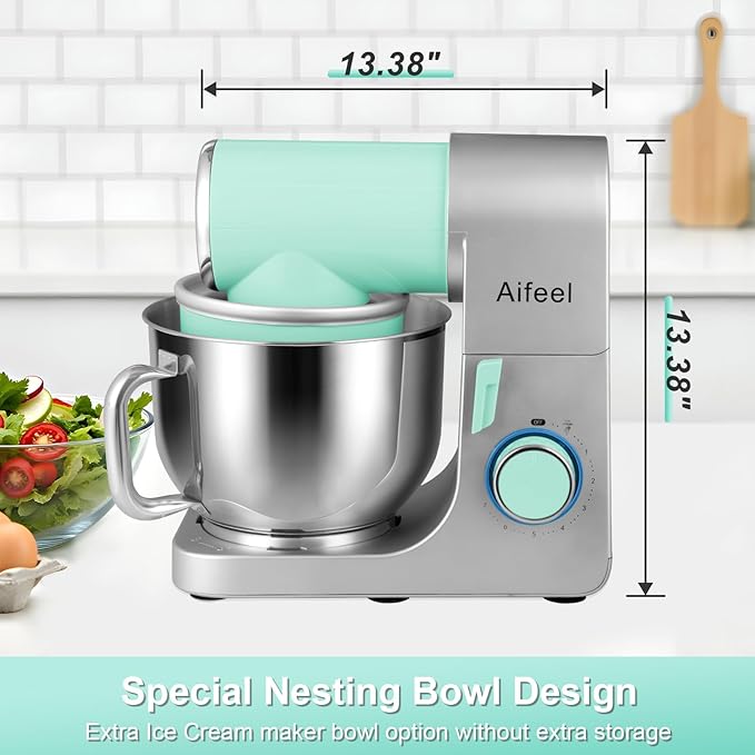 Aifeel Stand Mixer, 6.5QT Mixer with Ice Cream Maker Attachments, Kitchen Electric Mixer Multifunctional Bread Dough Mixer with Dough Hook,Whisk & Beater, Food Mixer for Baking (Green-Silver)