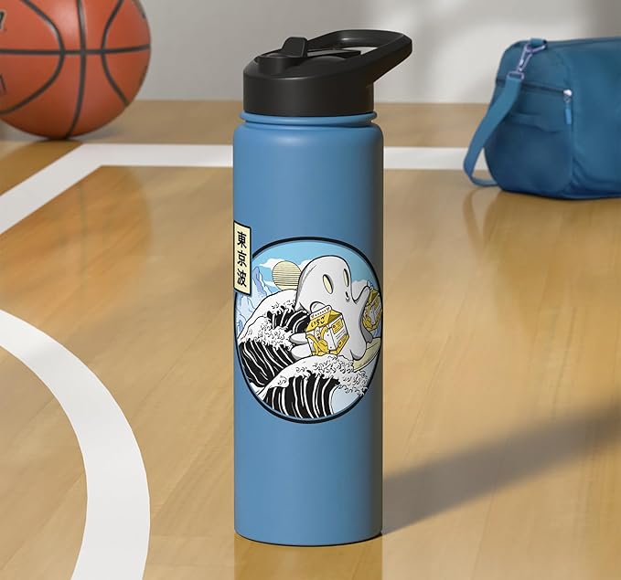 Surfing Ghost Banana Milk Cartons Kanagawa Wave Kawaii Anime Stainless Steel Insulated Water Bottle