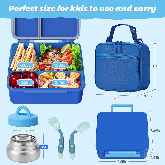 Kids Bento Lunch Box with Thermos, Leakproof Toddler Bento Box with 9 OZ Insulated Food Jar, Lunch Bag & Utensils 3 or 4 Compartment Container for School Girls Boys