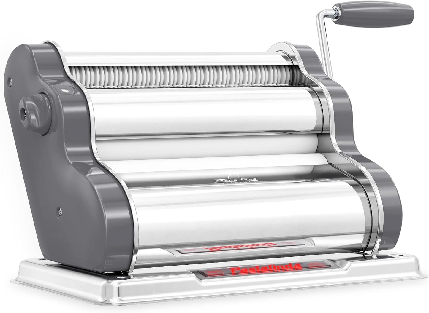 PASTALINDA Classic 260 Pasta Maker Machine, 26 cm Wide Rollers, 9 Thickness Positions, 2 Cutting Positions, Stainless Steel. Includes Reinforced Hand Crank And Two Clamps (Gray)