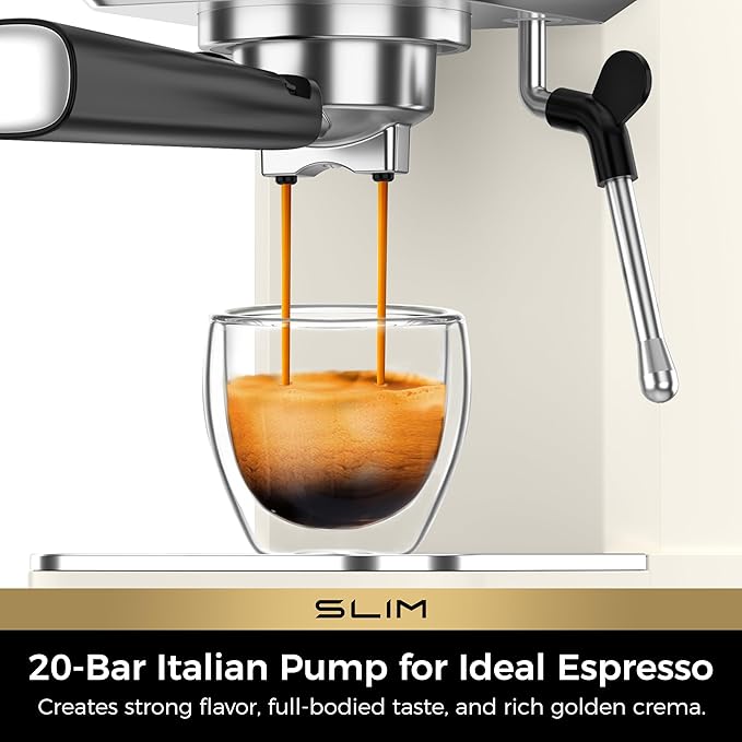 CHULUX Slim Espresso Machine with Milk Frother, 20 Bar Professional Italian Pump Espresso Coffee Machine for Home Cappuccino & Latte Maker, Stainless Steel, Creamy