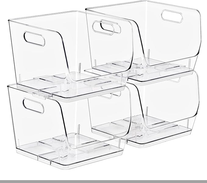 Sorbus Stackable Storage Bins Open Front, Clear Stackable Storage Bins, Pantry Bins for Storage and Organization, Acrylic Stackable Bins for Kitchen, Clear Pantry Organizer Bins (Medium Sqware 4 Pack)