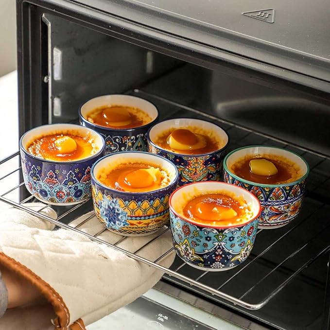 Glowworm Ramekins Oven Safe, 4 Oz Ceramic Creme Brulee Ramekins Set of 6, Souffle Dishes Pudding Custard Cups for Baking, Oven & Dishwasher Safe, Bohemian